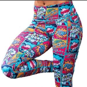 Constantly Varied Gear Pink and Blue Comic Capri Leggings Energetic Stretch EUC